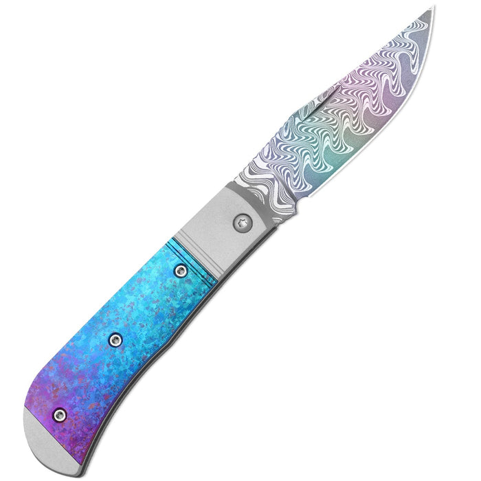 Kizer Ki3761A4 Trestle (Rainbow Damascus, Acid-Washed, Clip Point, Aluminum/Titanium) Slip Joint Pocket Knife