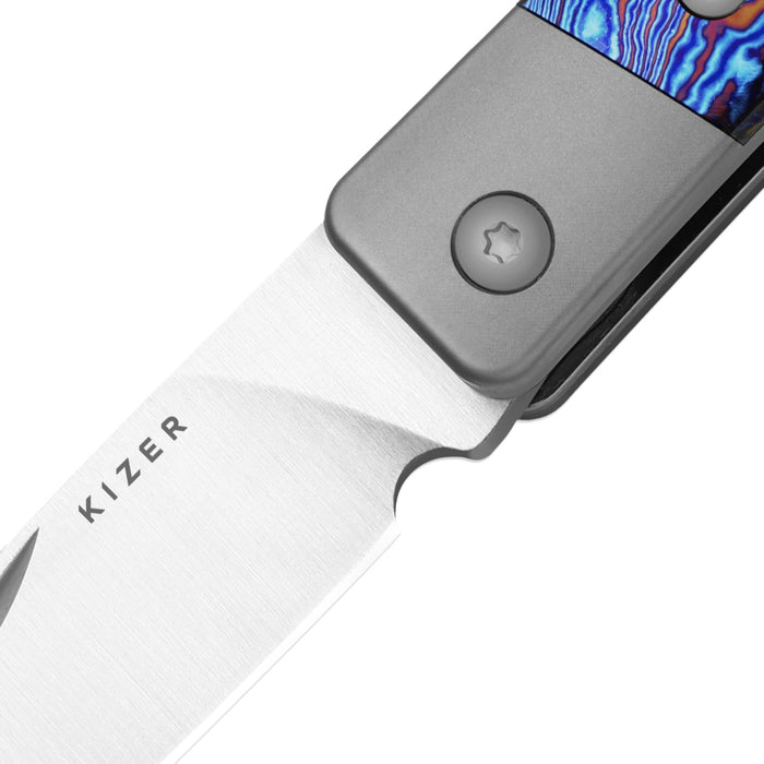 Kizer Ki2670A3 Little Grand (M390, Drop Point, Satin, Titanium/Damascus) Slip Joint Pocket Knife