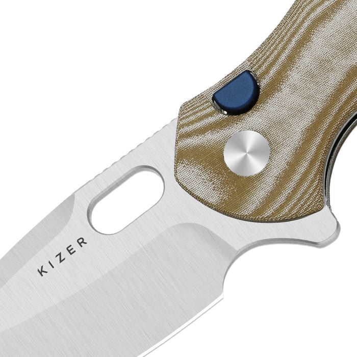 Kizer V4477BDA1 Roach XL (14C28N, Drop Point, Satin, Norplex UltreX Micarta, Button Liner Lock) Pocket Knife