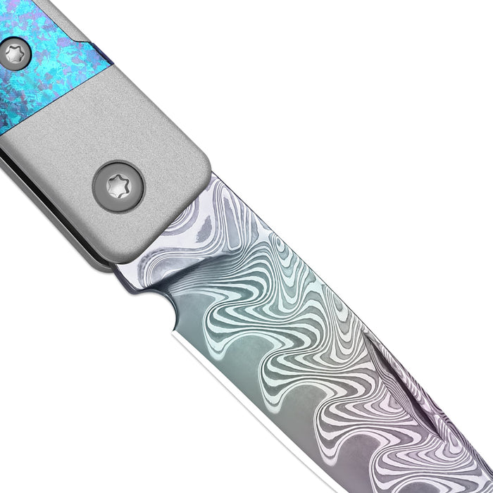 Kizer Ki2670A4 Little Grand (Rainbow Damascus, Drop Point, Acid-Washed, Aluminum/Titanium) Slip Joint Pocket Knife