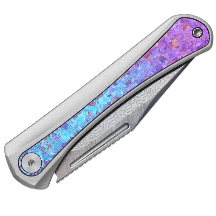 Kizer Ki3732A1 Melody (Rainbow Damascus, Clip Point, Acid-Washed, Aluminum & Crystallized Titanium, Slip Joint) Folding Pocket Knife