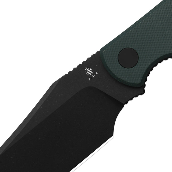 Kizer 1117A2 Field Guide (AEB-L, Black PVD Coating & Stonewashed, Trailing Point, Norplex UltreX G10, Green) Fixed Blade Knife