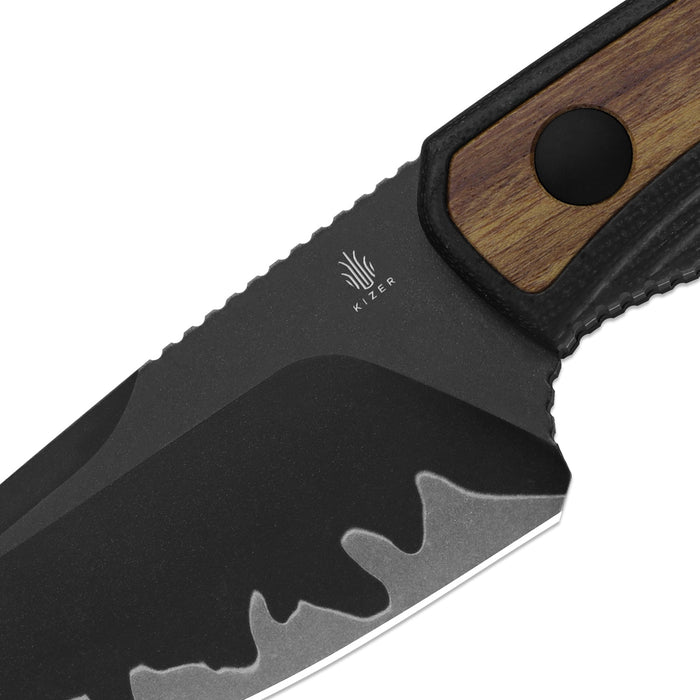 Kizer 1134A1 Finch (3-Layer Composite Steel, Drop Point, Acid-Washed, Black G10 & Mkuruti Wood) Fixed Blade Knife