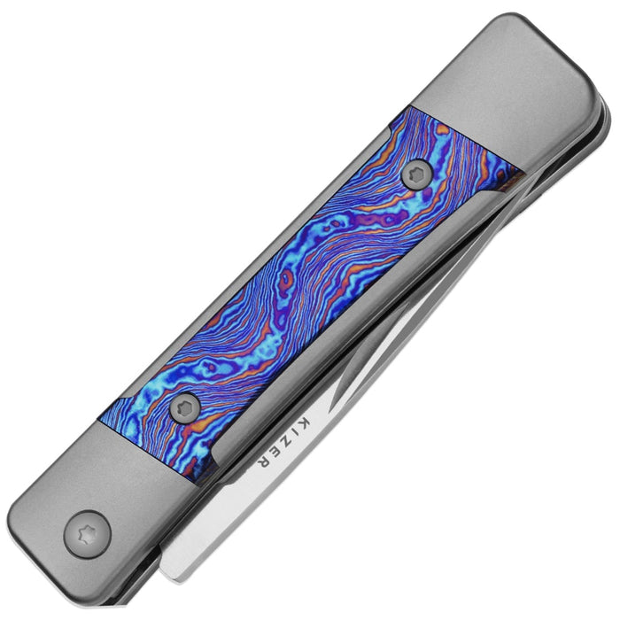 Kizer Ki2670A3 Little Grand (M390, Drop Point, Satin, Titanium/Damascus) Slip Joint Pocket Knife