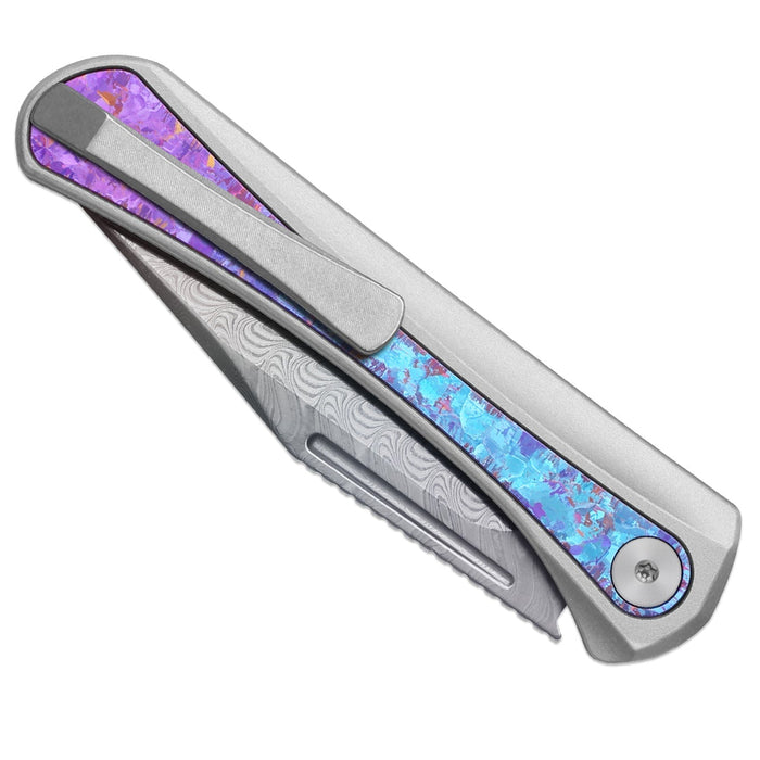 Kizer Ki3732A1 Melody (Rainbow Damascus, Clip Point, Acid-Washed, Aluminum & Crystallized Titanium, Slip Joint) Folding Pocket Knife