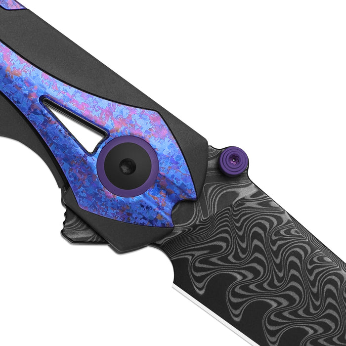 Kizer Ki3795A1 Staff (Damascus, Reverse Tanto, Acid-Washed, Titanium & Crystallized Titanium, Frame Lock) Folding Pocket Knife