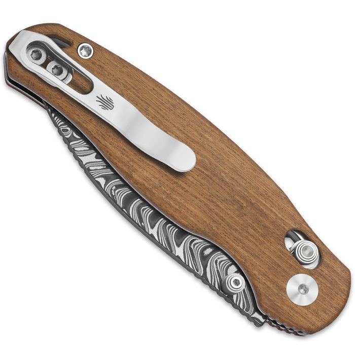 Kizer V3781CDA3 Phoca CD (Damascus, Drop Point, Acid Washed, Wood, Clutch Lock) Pocket Knife