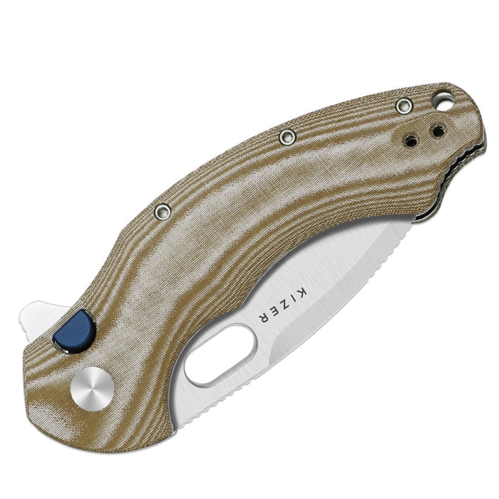 Kizer V4477BDA1 Roach XL (14C28N, Drop Point, Satin, Norplex UltreX Micarta, Button Liner Lock) Pocket Knife