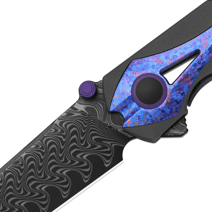 Kizer Ki3795A1 Staff (Damascus, Reverse Tanto, Acid-Washed, Titanium & Crystallized Titanium, Frame Lock) Folding Pocket Knife
