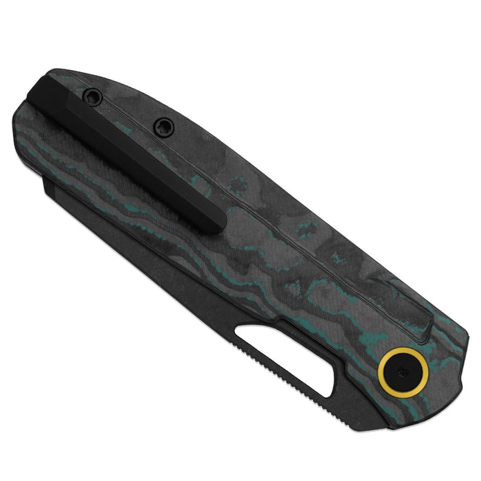 Kizer Ki3699BSA3 Mash (M390, Modified Sheepsfoot, Black PVD Stonewashed, CamoCarbon Shipwreck, Button Liner Lock) Folding Pocket Knife