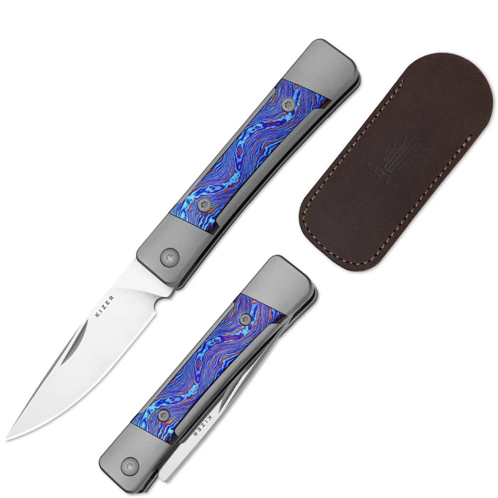 Kizer Ki2670A3 Little Grand (M390, Drop Point, Satin, Titanium/Damascus) Slip Joint Pocket Knife