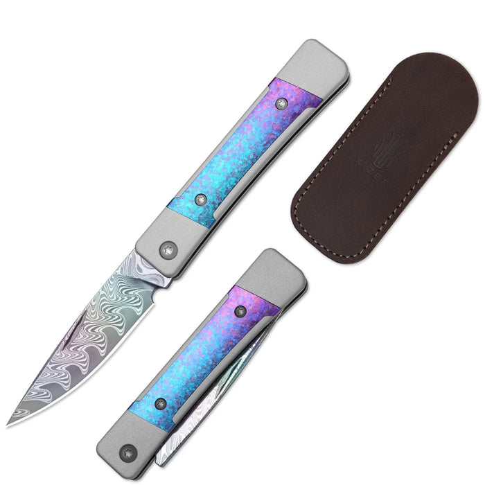 Kizer Ki2670A4 Little Grand (Rainbow Damascus, Drop Point, Acid-Washed, Aluminum/Titanium) Slip Joint Pocket Knife