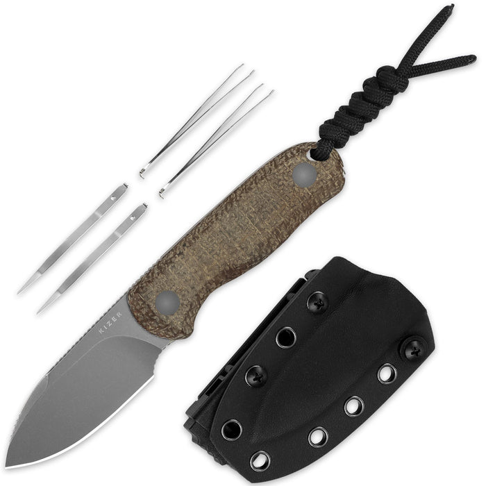 Kizer 1094A1 Drop Bear (14C28N, Drop Point, Stonewashed, Micarta) Fixed Blade Knife