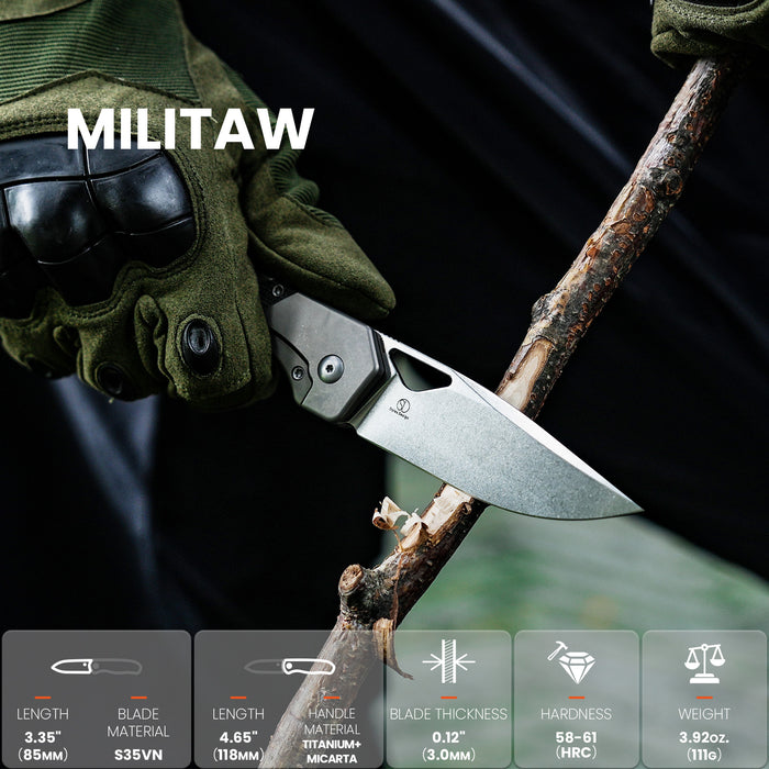 Kizer Ki3634A1 Militaw (S35VN, Drop Point, Stonewashed, Titanium/Micarta) Pocket Knife