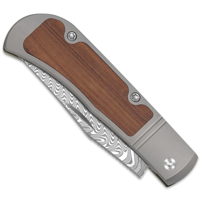 Kizer V3761A2 Trestle (Damascus, Clip Point, Acid-Washed, Titanium/Mkuruti Wood) Slip Joint Pocket Knife