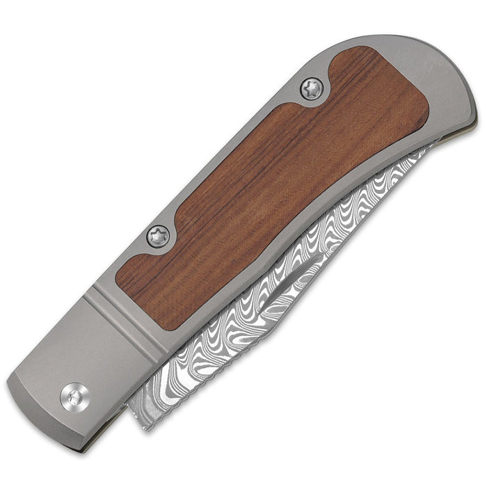 Kizer V3761A2 Trestle (Damascus, Clip Point, Acid-Washed, Titanium/Mkuruti Wood) Slip Joint Pocket Knife