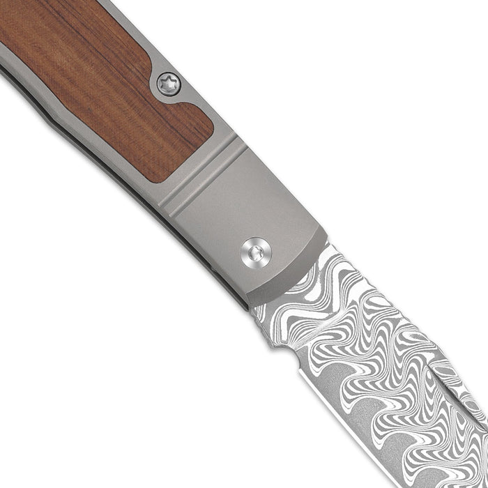 Kizer V3761A2 Trestle (Damascus, Clip Point, Acid-Washed, Titanium/Mkuruti Wood) Slip Joint Pocket Knife