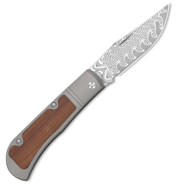 Kizer V3761A2 Trestle (Damascus, Clip Point, Acid-Washed, Titanium/Mkuruti Wood) Slip Joint Pocket Knife
