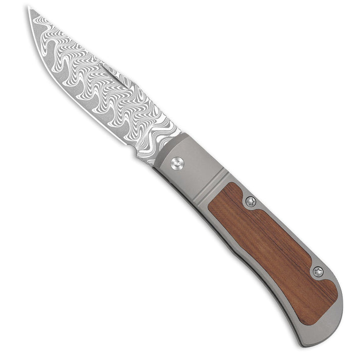 Kizer V3761A2 Trestle (Damascus, Clip Point, Acid-Washed, Titanium/Mkuruti Wood) Slip Joint Pocket Knife