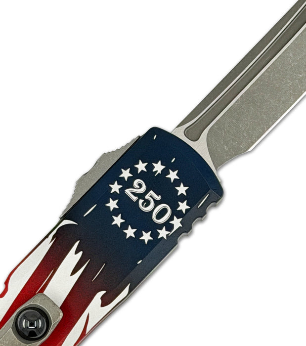 Microtech 12334-10APS-4J250 UTX-85 GEN IV (M390MK, Tanto, Apocalyptic, Aluminum, 250th Anniversary Flag) Automatic Pocket Knife