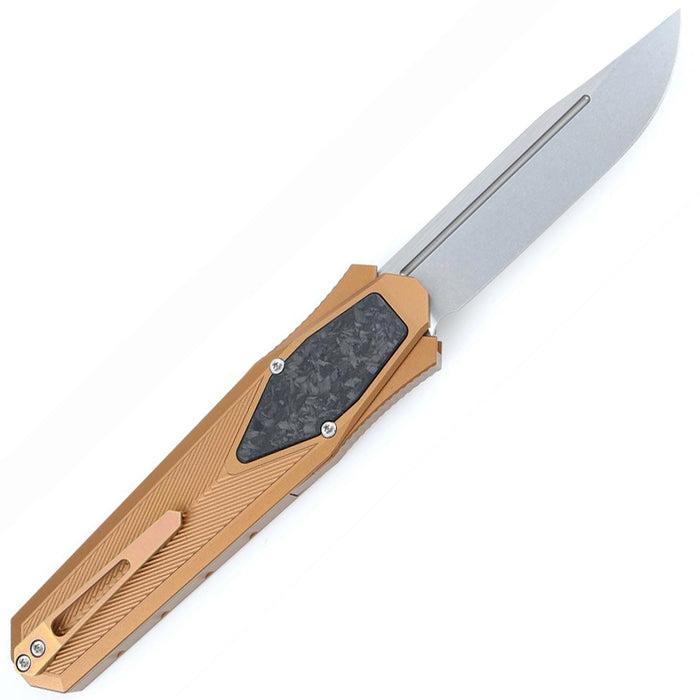 Foldable knife with a tan handle and silver blade on a white background