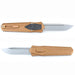 Foldable knife with a tan handle and silver blade on a white background