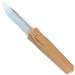 Foldable knife with a tan handle and silver blade on a white background