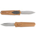 Two folding knives with brown handles and silver blades on a white background