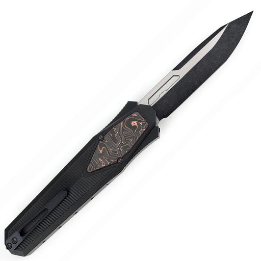 Black folding knife with a decorative handle on a white background