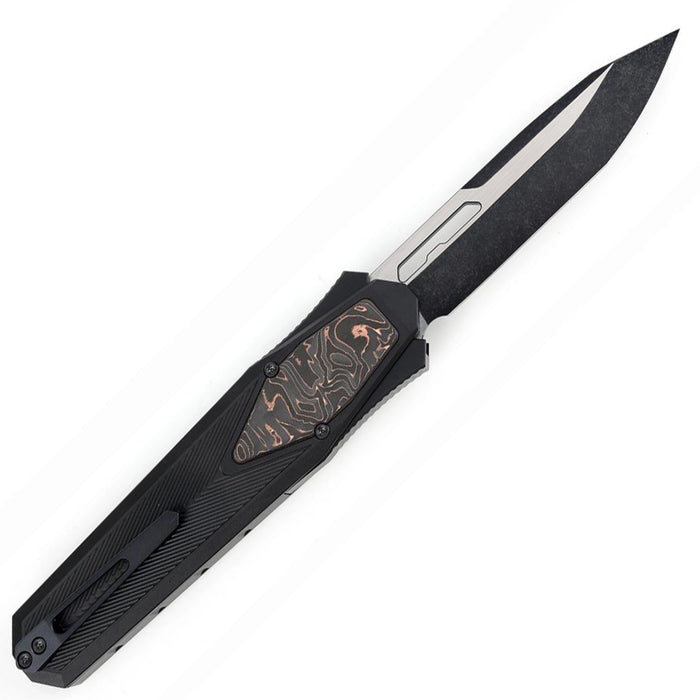 Black folding knife with a decorative handle on a white background