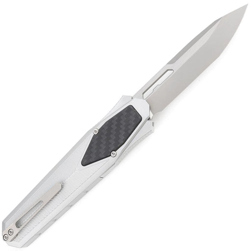 Folding knife with carbon fiber pattern on a white background
