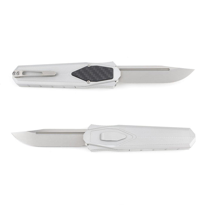 Folding knife with white handle and silver blade on a white background