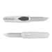 Folding knife with white handle and silver blade on a white background